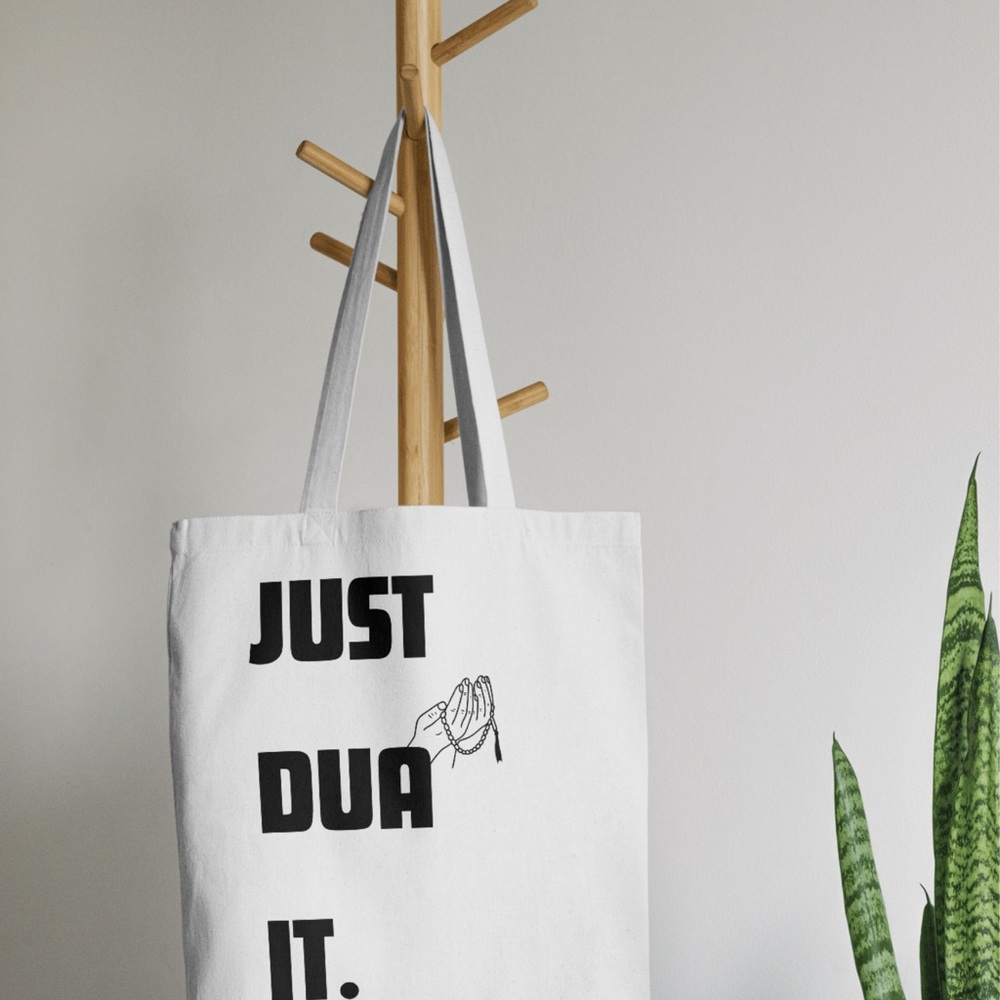 White Tote Bag with Black Text